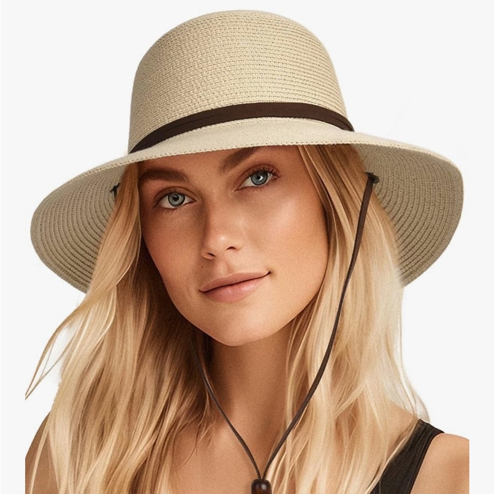 FURTALK  Wide Brim Sun Hat with Wind Lanyard UPF Summer Straw Sun Hats for Women